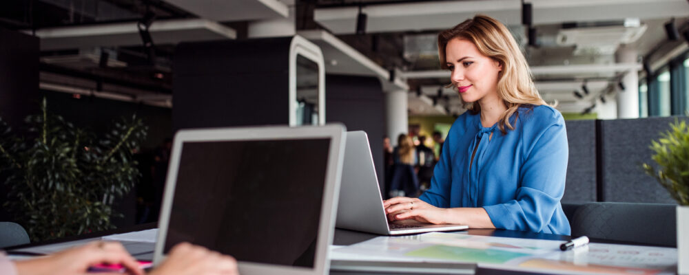 Young businesswoman with laptop sitting in an office, working.