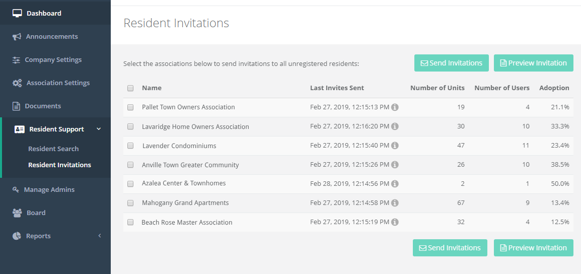 Send Bulk Resident Invitations and View Recently Sent Invite Stats